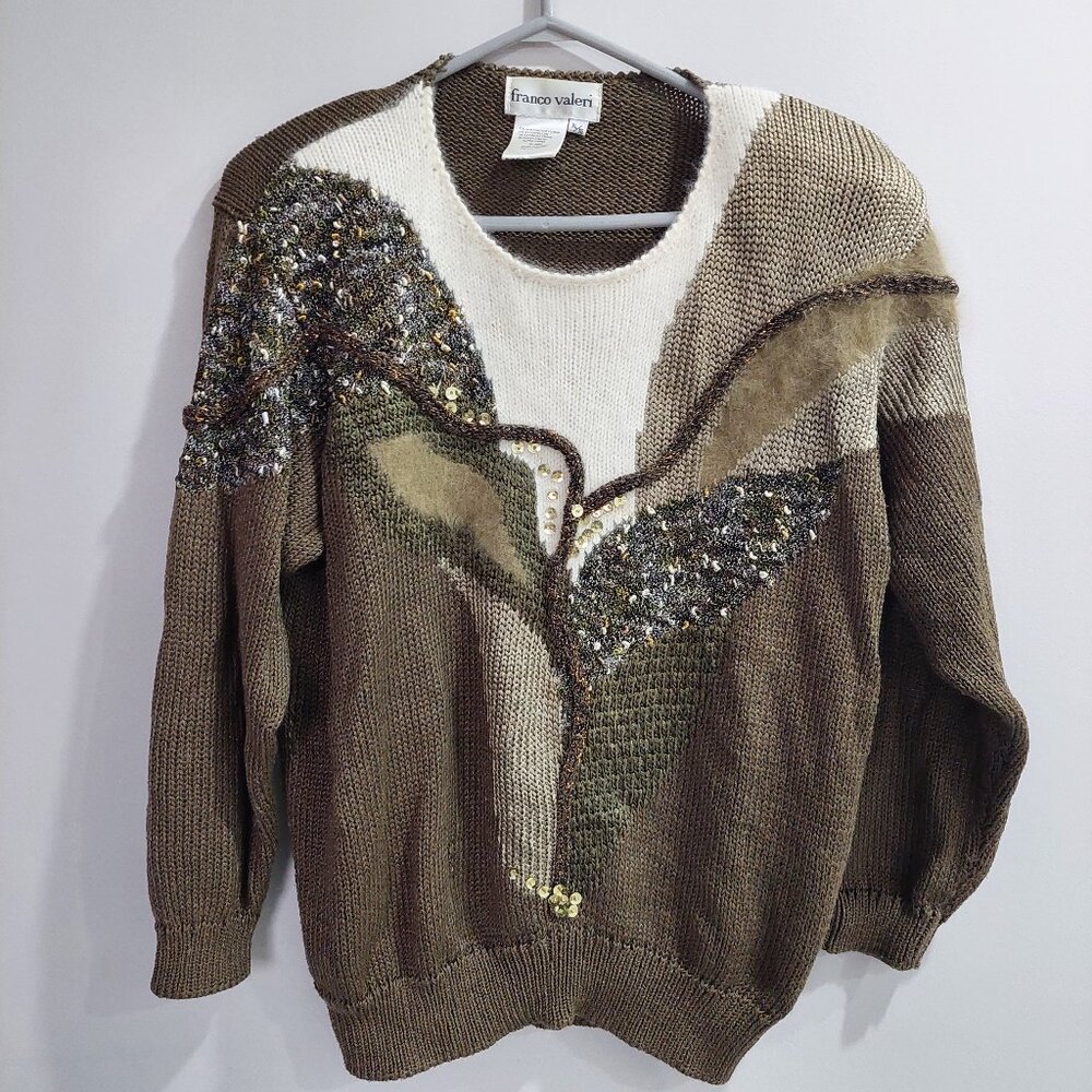 VINTAGE Franco Valeri Women's Size L Abstract Artsy Sequined Beaded Sweater Boho